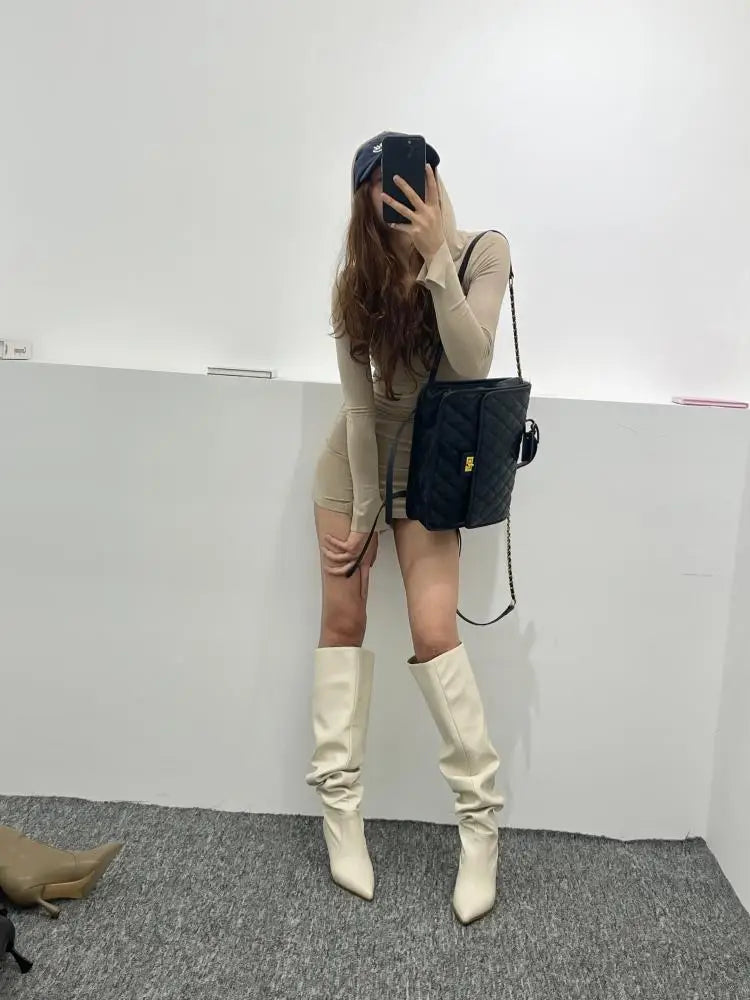 Party Modern Ladies Knee High Boots Pointed Toe Fashion Pleated Western Women Long Boots Shoes Female Pumps Heels Shoes
