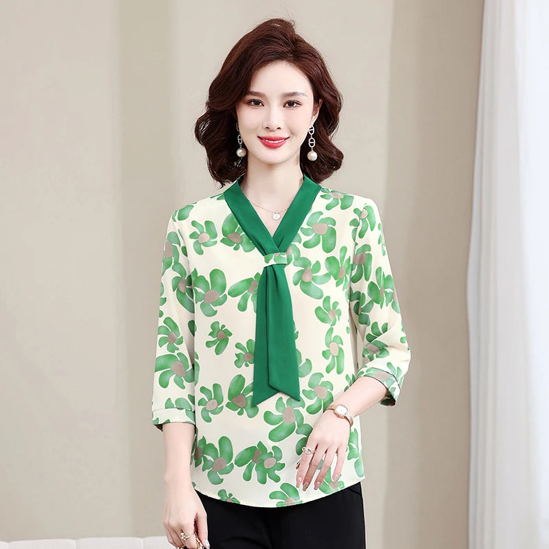 Fashion Printed Spring and Autumn shawl collar Women's Fashion Floral Checked Mid Sleeved Loose Chiffon Tops