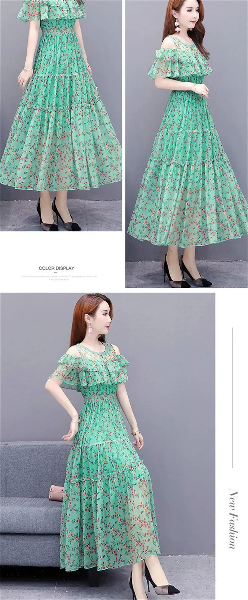 Mesh Chiffon Floral Print Dress Women 2024 New Summer Bohemian Beach Dress Long Off Shoulder Sexy Lady Party Dresses Vestidos