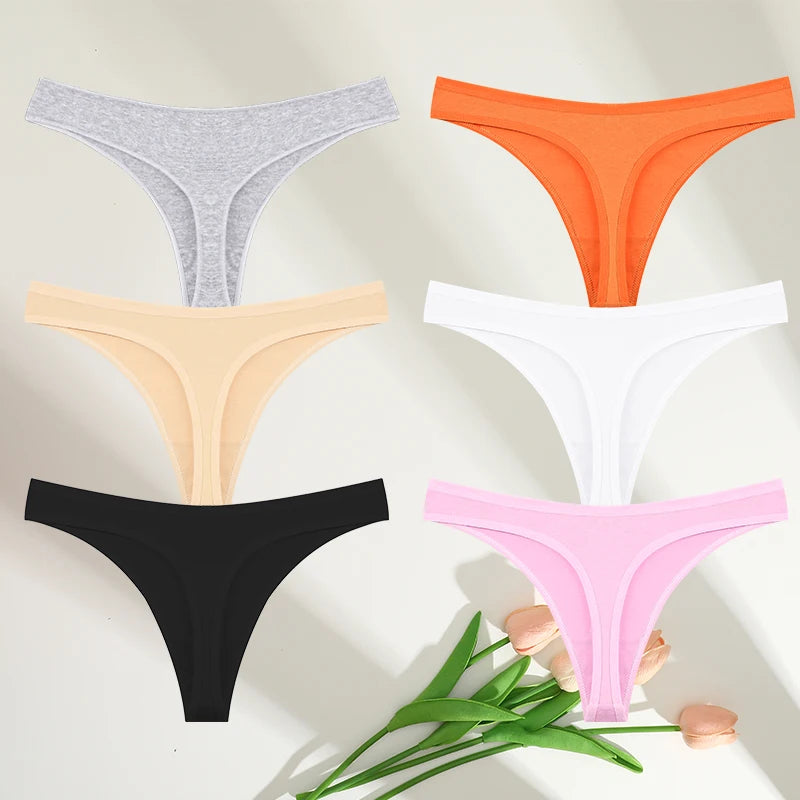 6PCS Cotton G-String Sexy Women Panties V-Waist Underwear Female Lingerie Seamless Thong For Woman Solid Color Intimate Pantys