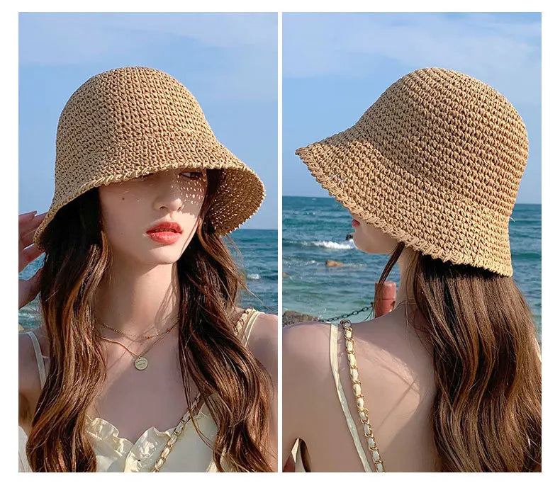 Summer Woven Straw Hat Ladies Beach Hat Sun Hat Wide Brim Soft Simple Fisherman Hat Panama Straw Dome Woven Bucket Hat