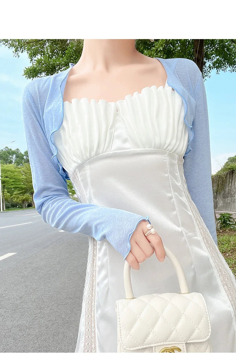 Womens Ruffle Long Sleeve Cropped Evening Shrug Open Front Bolero Tops Cardigan Long Sleeve Short Coat Cover-ups