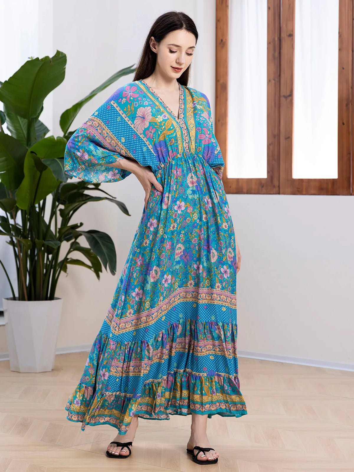 Bohemian Oversize Loose Elastic Waist Maxi Dresses Women Robe Cotton Rayon Floral Printed Long Dress Summer Boho Beach Cover up