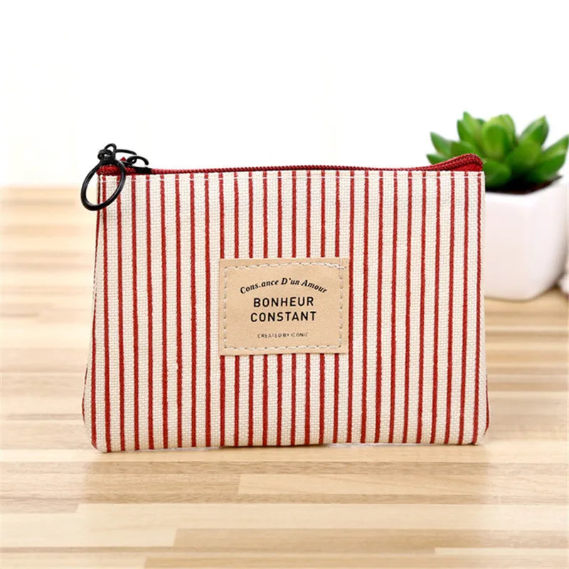 Cute Wallet Women Fabric Key Coin Purse Cartoon Square Mini Coin Pouch Letter Striped Print Zipper Canvas Bags for Girls