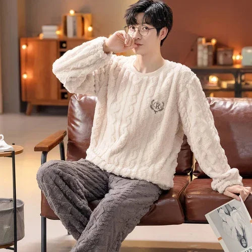 2024 Winter Men Fleece Casual Long Sleeve Pajamas Set Coral Velvet Cute Cartoon Sleepwear Male Plush Thicken Warm Homewear