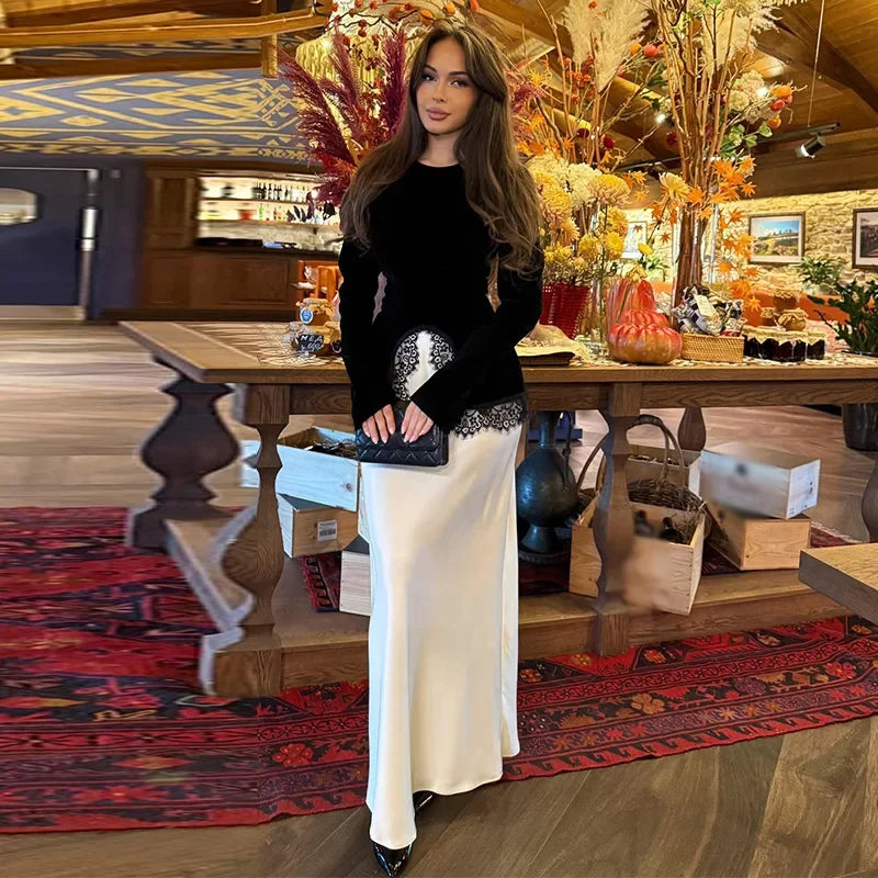 Elegant Lace Velvet Patchwork Women Top Flare Long Sleeve O-neck Split Female Blouse 2026 Spring Summer Lady Clothes New