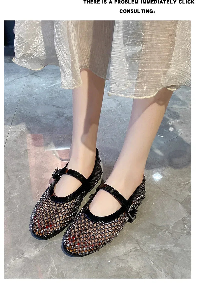 Luxury Crystal Rhinestone Fishnet Ballet Flats Woman Brand Design Rivet Mesh Mary Jane Shoes Ladies Summer Loafers Plus Size 42