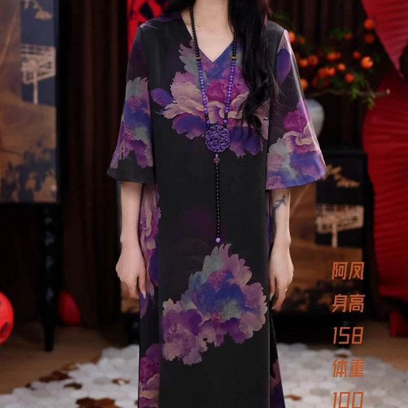 New Elegant Temperament V-neck Dress with New Style of Flesh Covering and Making It Look Thinner than the Knee A-line Skirt