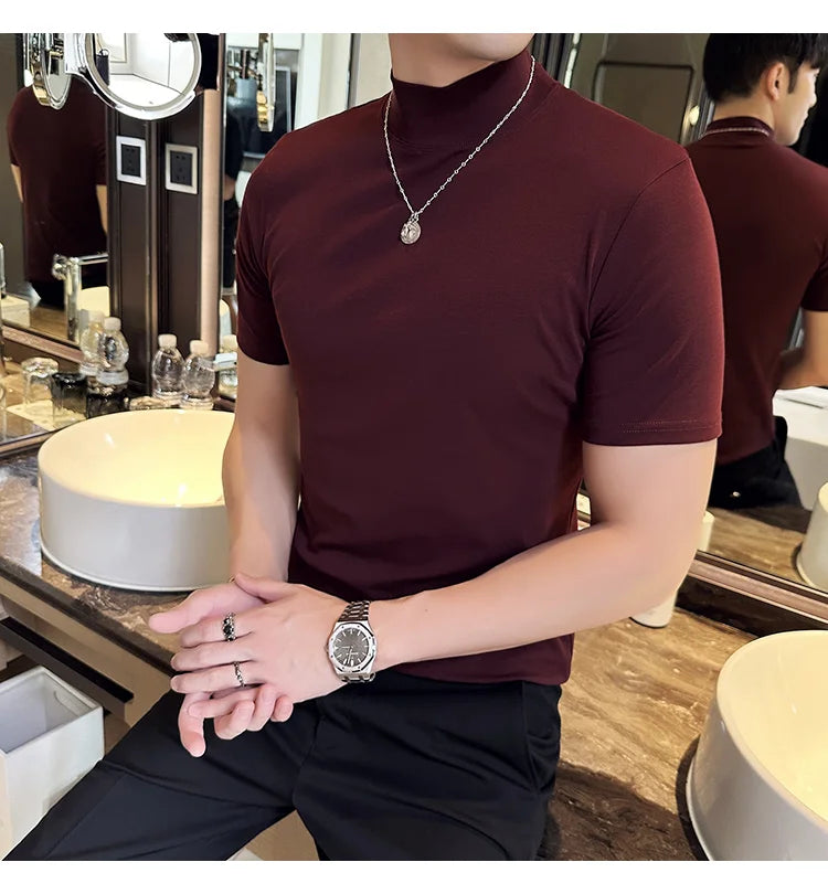 Spring Summer Men's Half High Neck Short Sleeve T-shirt Korean Slim Fit Solid Color Bottom Shirt Casual Cotton Elastic T-shirts