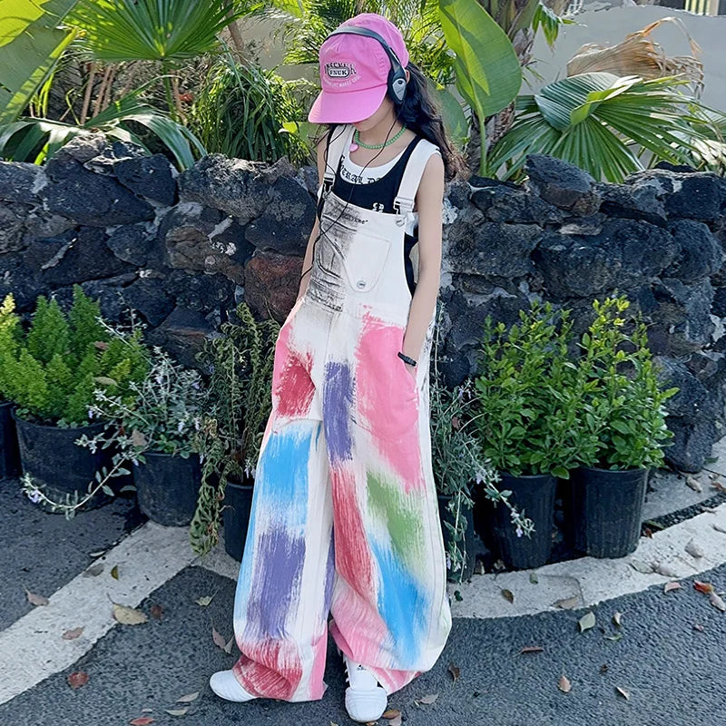 Child Stylish Denim Jumpsuit Dungarees with Drawings for Girl High Fashion Streetwear Suspender Overall Kids Colored Strap Jeans