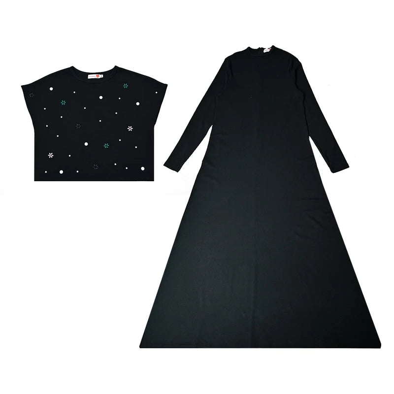 Maxikleid Damen Langarmkleid Blumen und Perlen Oberteil Freizeitkleid Rundhals Schwarz Modal Ripp-Oberteil Größen XS-XXXL