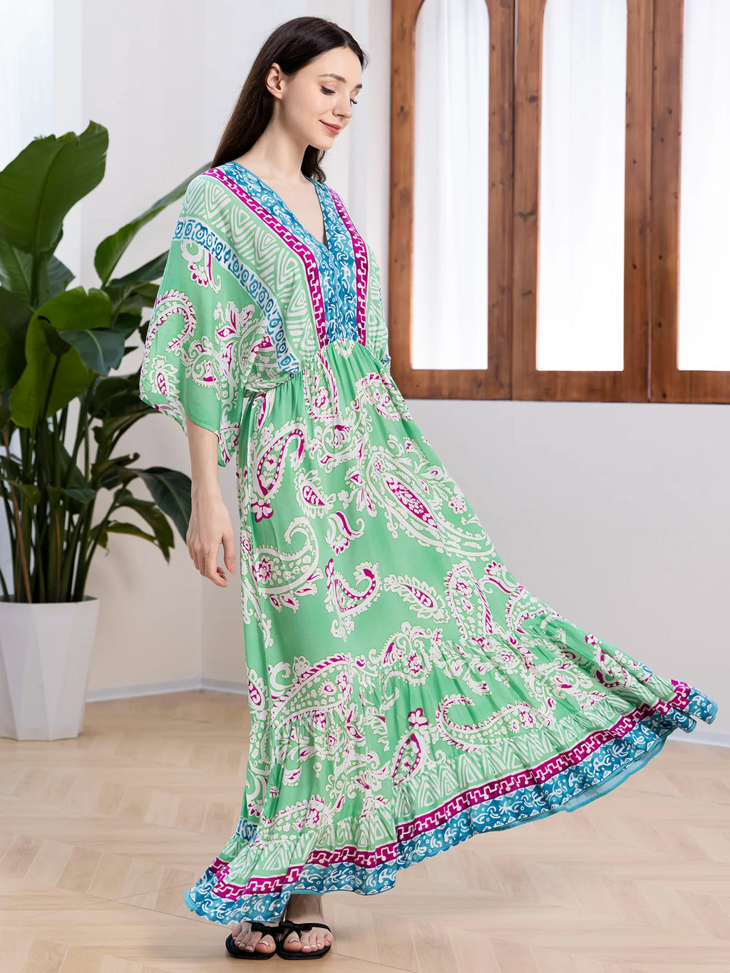 Bohemian Oversize Loose Elastic Waist Maxi Dresses Women Robe Cotton Rayon Floral Printed Long Dress Summer Boho Beach Cover up