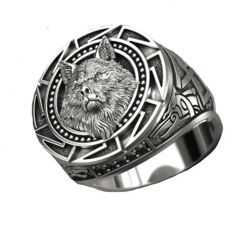 Retro Wolf Totem Nordische Mythologie Wikinger-Krieger-Wolfskopf-Herrenring Geometrisches Design Anpassbare Größen