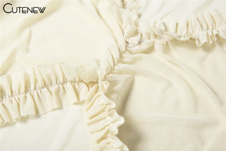 Cutenew Mesh Concise Dress Women Classic Holiday Style Long Sleeve Cut out Shirring Asymmetrical Robe Female Elegant Attirewear