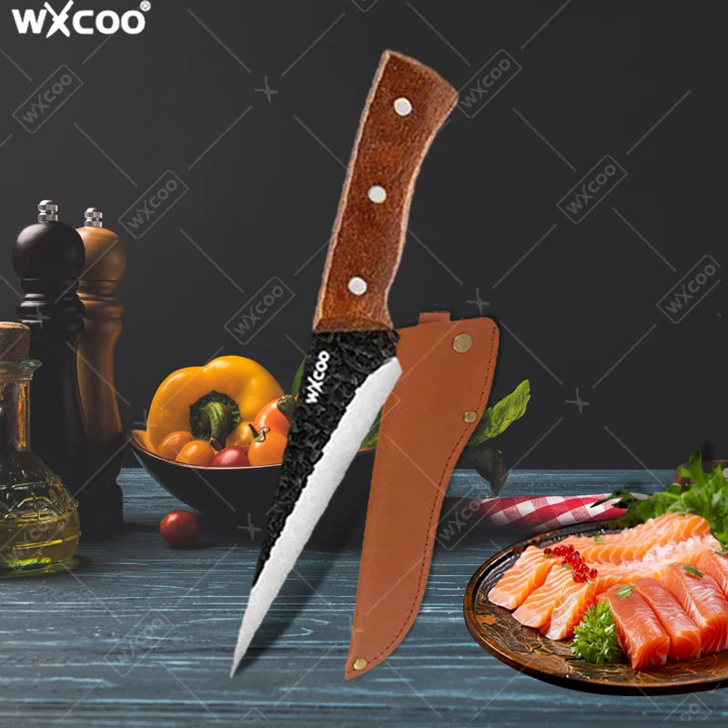 WXCOO Flexible Kitchen Knife Professional Forged Boning Knife Fish Filleting Knife with Sheath Chef Wood Handle Kitchen Supplies