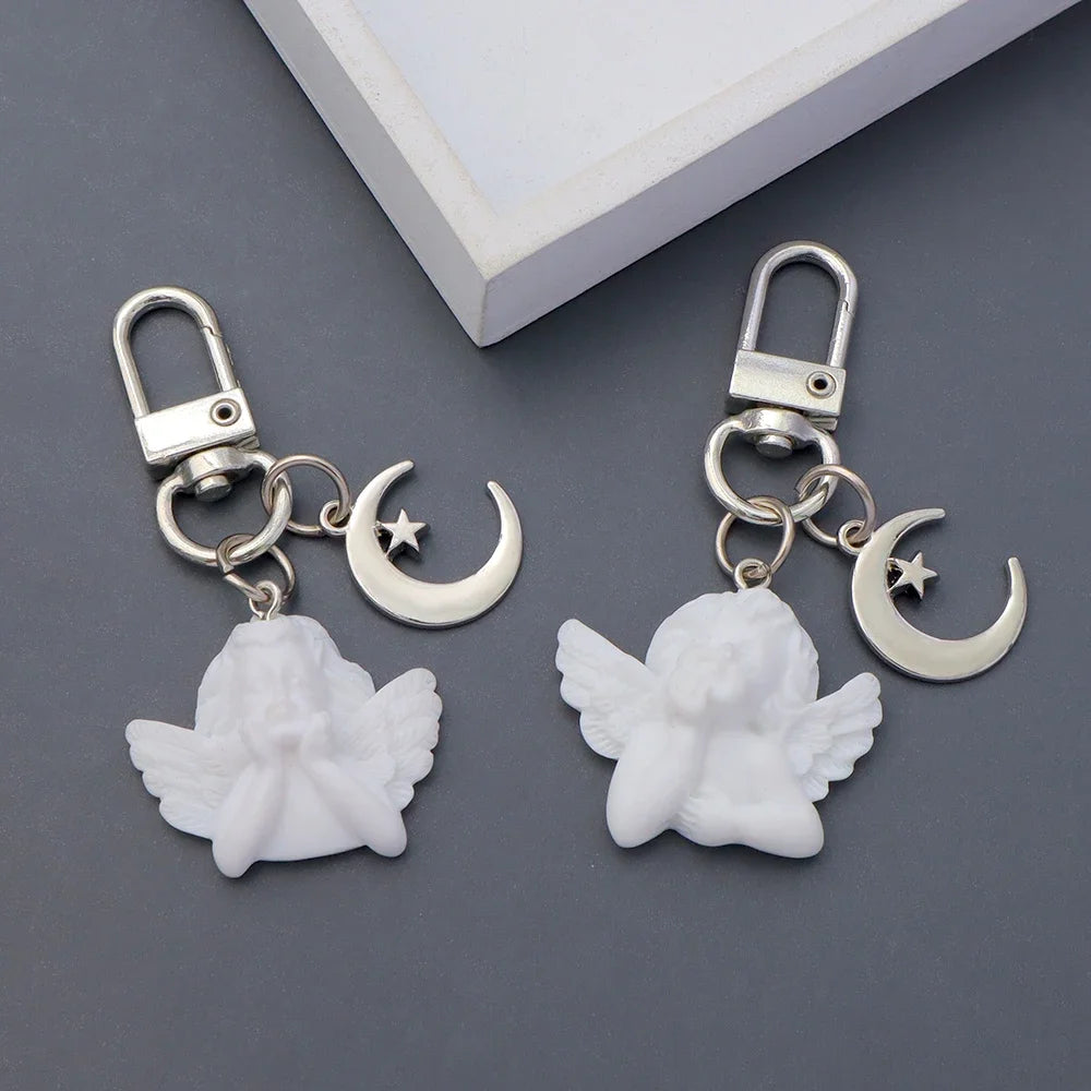 Creative Vintage White Angel Keychain For Women Girl Cute Star Moon Key Chain Car Key Ring Holder Trinket Bag Charms Jewelry