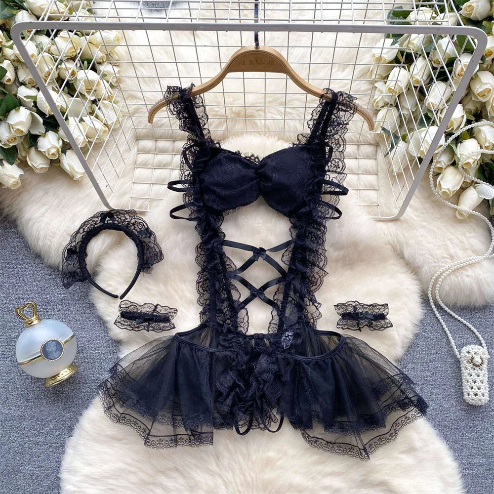 Sexy Cute Sweet Lace Backless Jumpsuit Women Slim Fit Bodysuit Girl Strap Bow knot Cosplay Hot Sweet Bow Ribbon Lingerie Dress