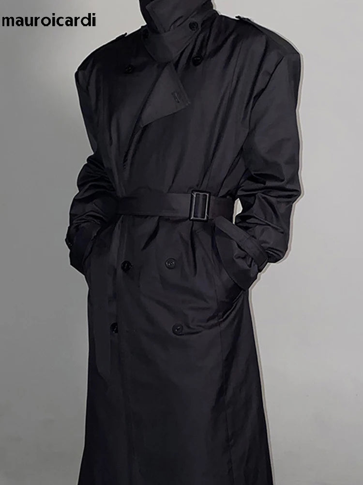 Mauroicardi Spring Autumn Cool Long Black Oversized Trench Coat Men Belt Double Breasted Loose Casual Windproof Outerwear 2022