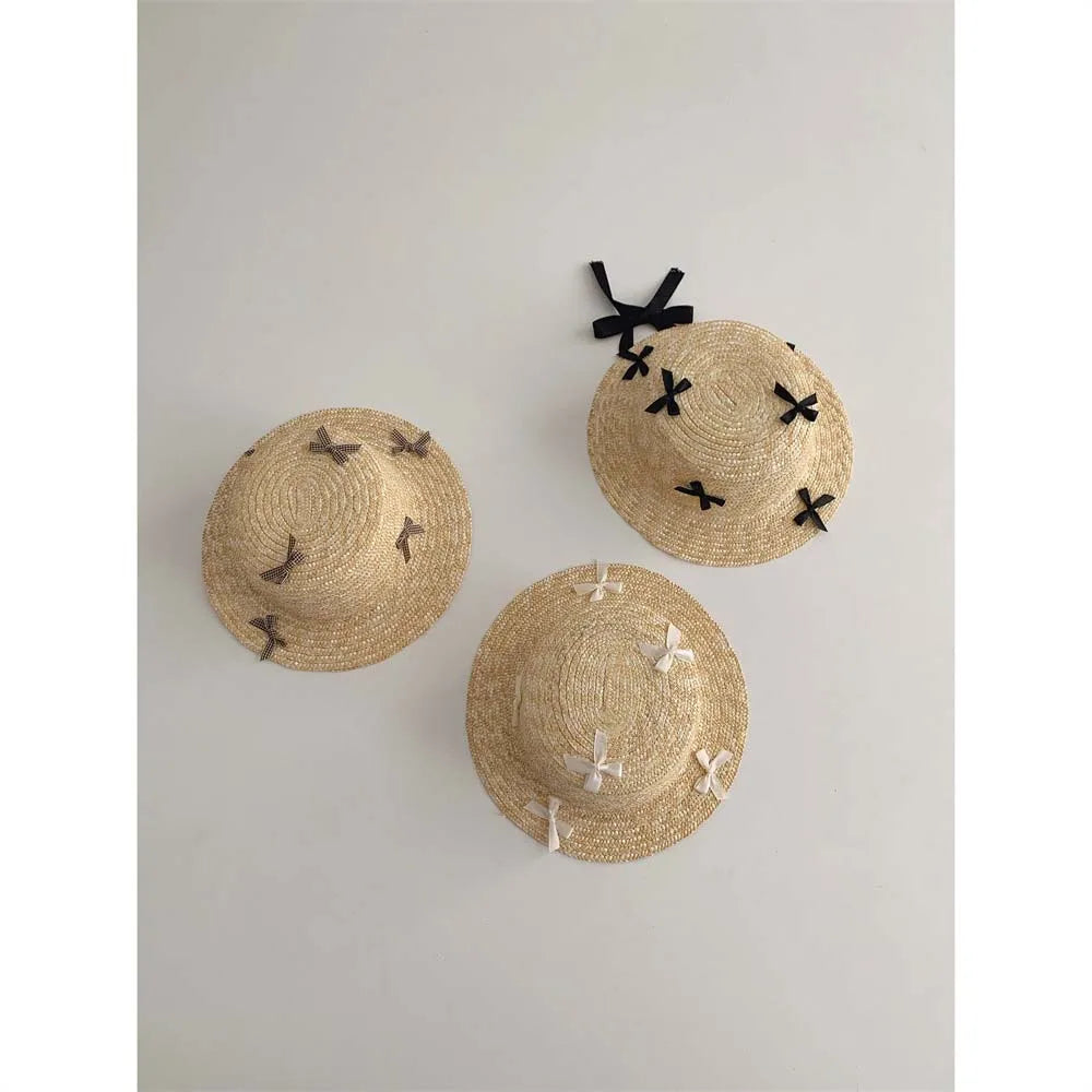 2025 Summer Kids Sun Hat Bag Printcess Bow Girls Panama Caps Kids Sun Protection Beach Straw Hat Bag