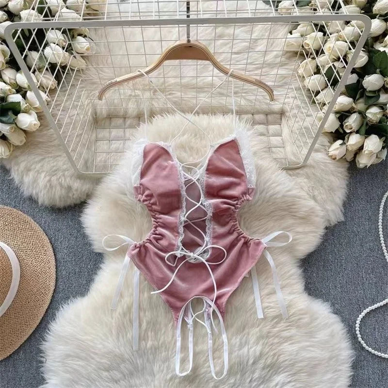 Sexy Cute Sweet Lace Backless Jumpsuit Women Slim Fit Bodysuit Girl Strap Bow knot Cosplay Hot Sweet Bow Ribbon Lingerie Dress
