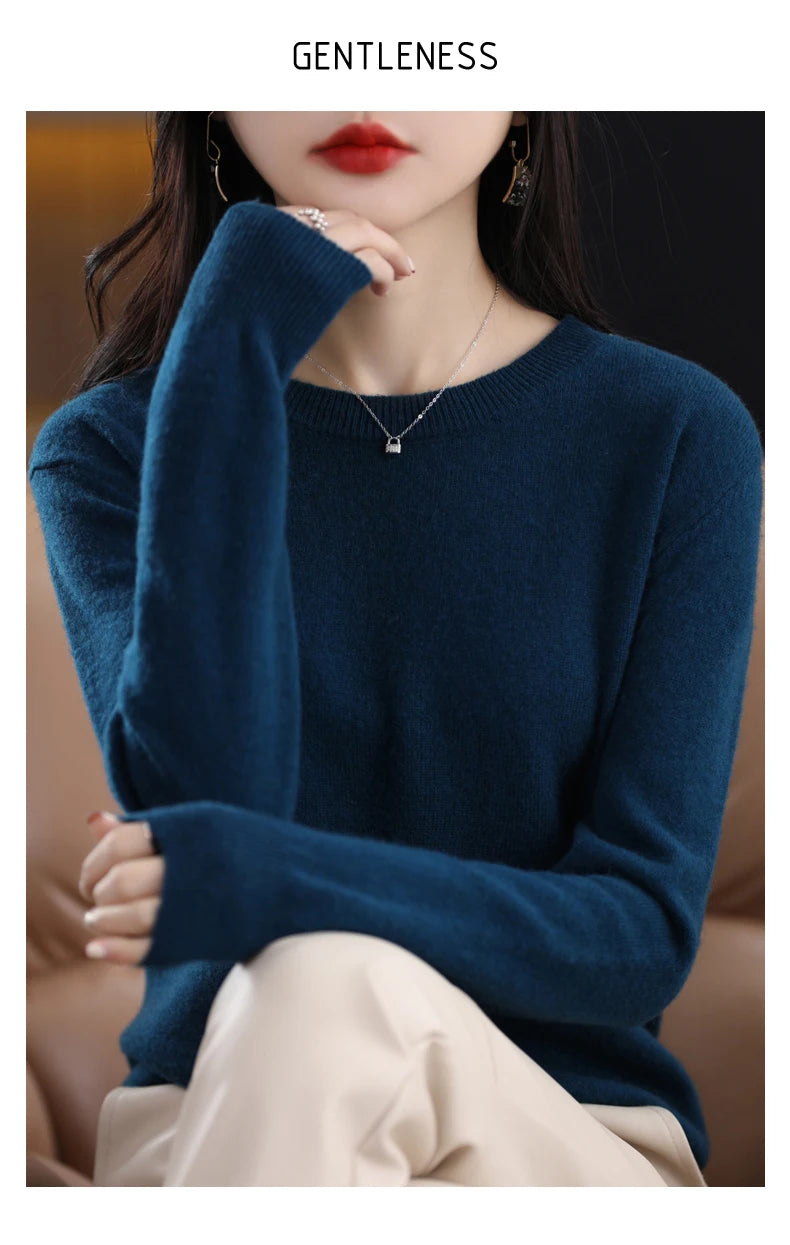 Women 100% Merino Wool Sweater O-Neck Long Sleeve Cashmere Knitwear Pullover Aliselect Fashion Autumn Winter Clothing Tops