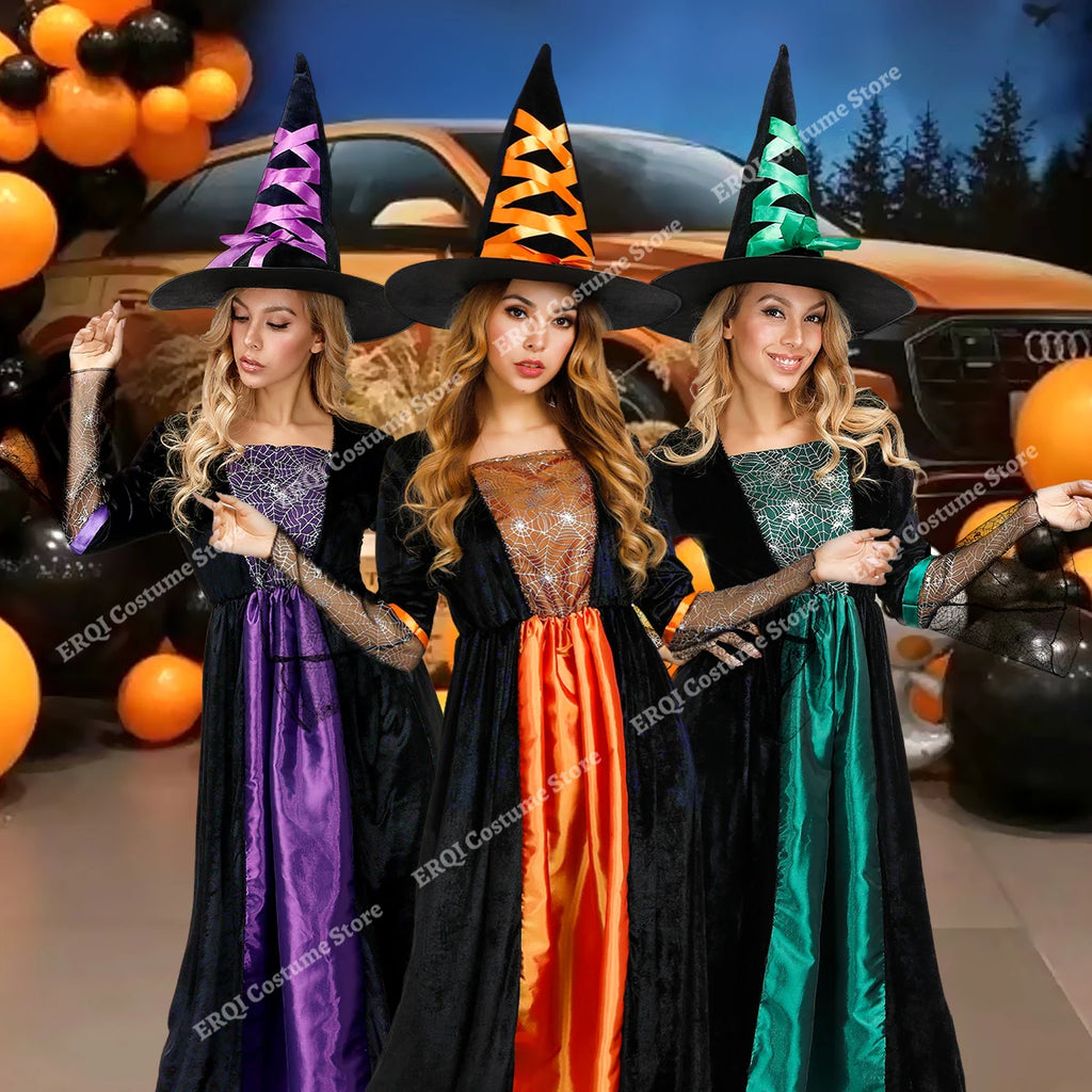 Halloween Dresses for women Witch Costume Sorceress Dress Lace Sleeves Spider Witch Dress Magic Hat Purple Gray Orange green