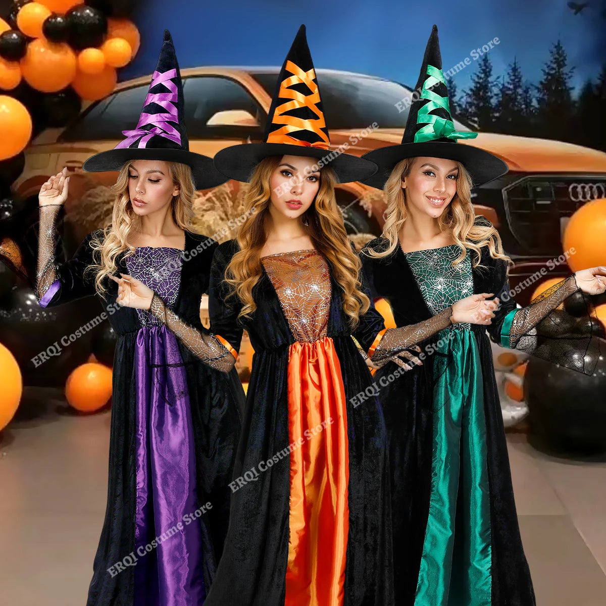 Halloween Dresses for women Witch Costume Sorceress Dress Lace Sleeves Spider Witch Dress Magic Hat Purple Gray Orange green