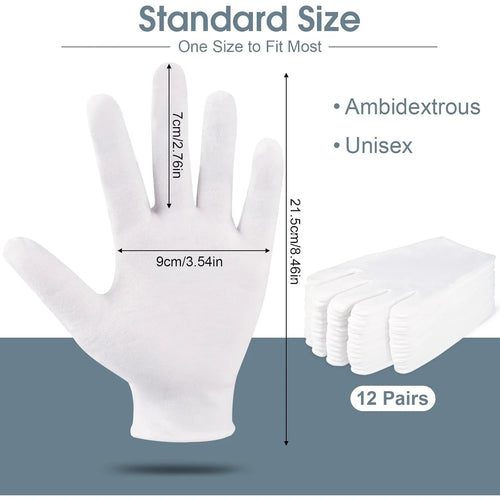 12PCS White Cotton Gloves Jewelry Gloves for Men Women Dry Hands Moisturizing Eczema Inspection Work Gloves Stretchable Cloth
