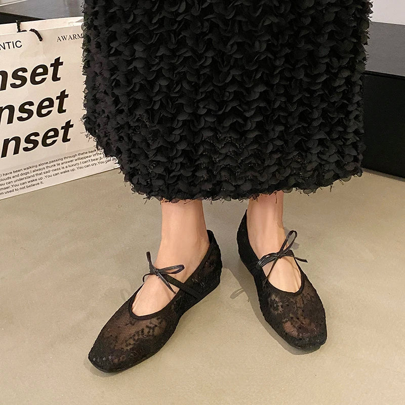 Mesh lace inner heightening women's shoes 2025 summer new sexy square head shallow breathable ballet shoes bow flat shoes
