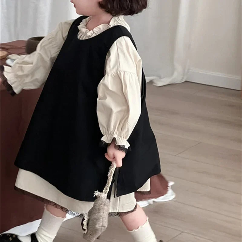 4768 Children Dress Set Spring Autumn New Retro Girl's Dress Lace Skirt 2-piece Set