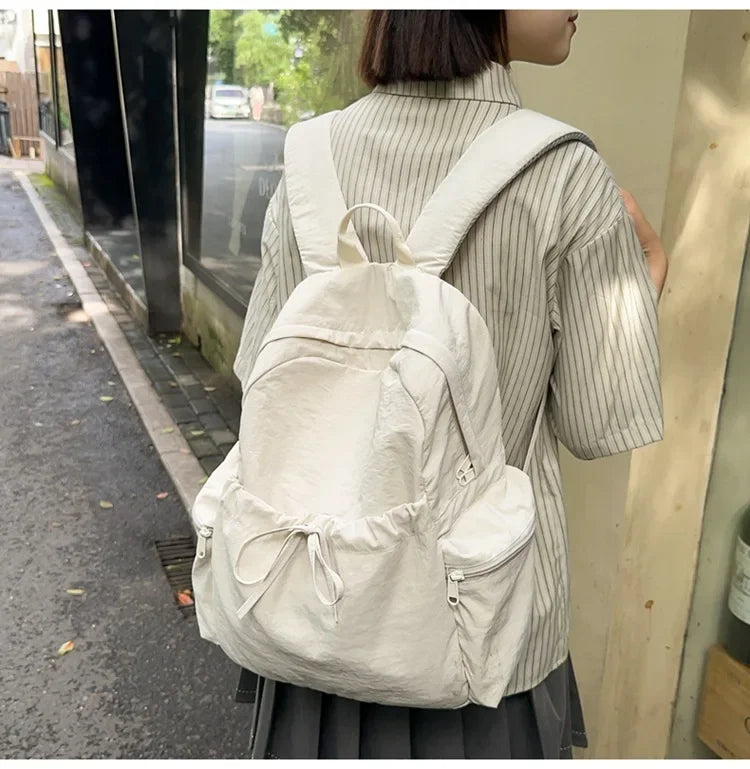 Japanese Style Student Backpack Solid Color Bow Travel School Bag Lightweight and Fashionable Women's Backpack New Simple Casual