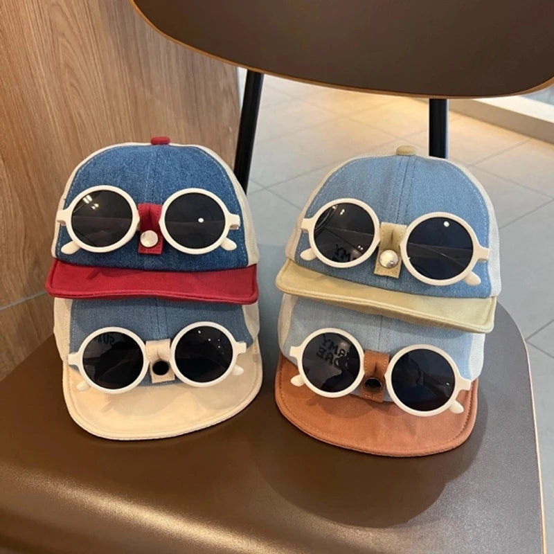 Patchwork Baby Baseball Cap With Detachable Sunglasses Summer Outdoor Infant Boys Girls Sun Hat Soft Toddler Kids Peaked Caps