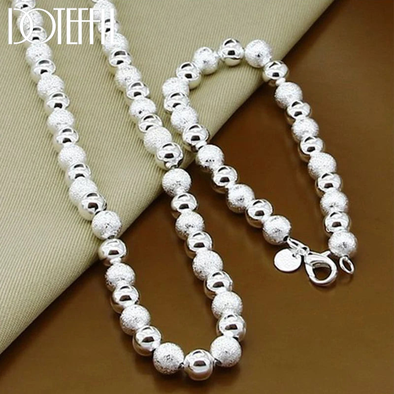 DOTEFFIL 925 Sterling Silver Matte Smooth 8mm Bead Necklace Bracelet Set For Woman Wedding Engagement Fashion Charm Jewelry