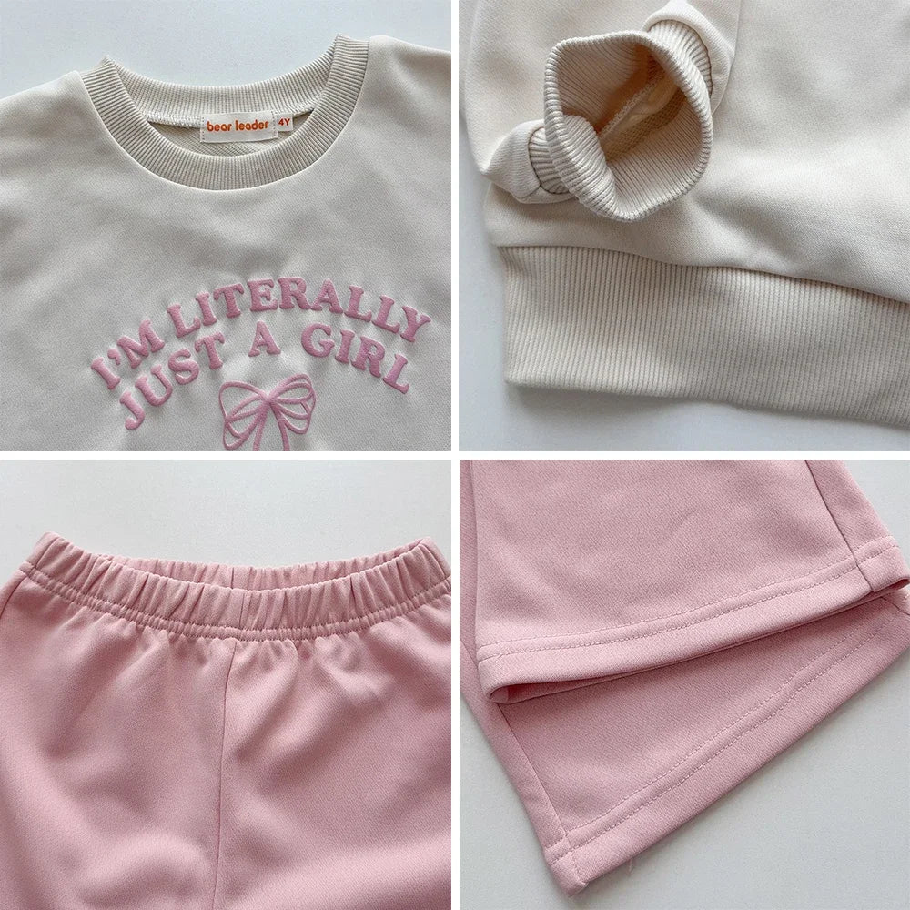 Bear Leader Spring and Autumn Long Sleeve Girls' Set Letter Printed Top+Solid Color Bell Bottom Pants Pink Casual Kids Wear