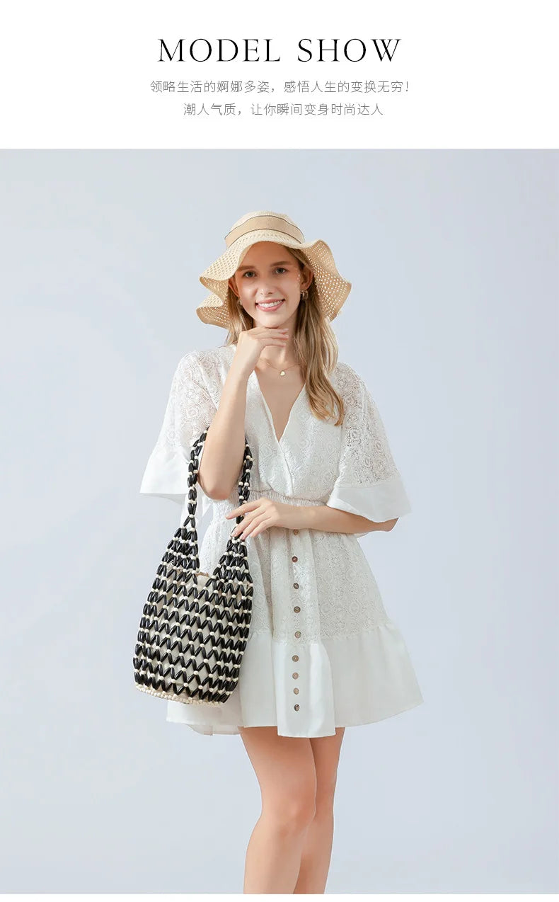 Summer Boho Style Hollow Out Woven Bag for Women Fashion Wooden Beads Shoulder Bag Seaside Holiday Mesh Bucket Tote Bags Bolsa