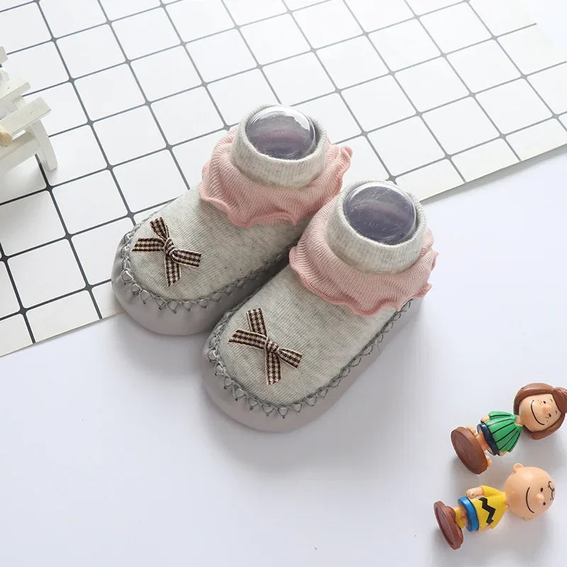 Baby Walking Socks Soft Sole Shoes 0-2Year Newborn Early Education Adhesive Anti Slip Floor Sock Cute Bow Shoe Kids Footwear