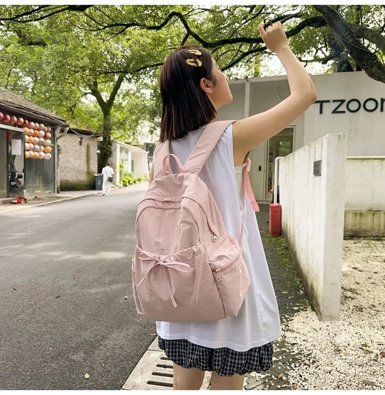 Japanese Style Student Backpack Solid Color Bow Travel School Bag Lightweight and Fashionable Women's Backpack New Simple Casual
