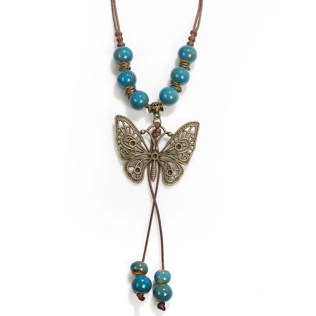 Bohemian Vintage Butterfly Necklace, Ceramic Beads, Adjustable Pendant, DIY Gift, Drop Shipping, XPF001