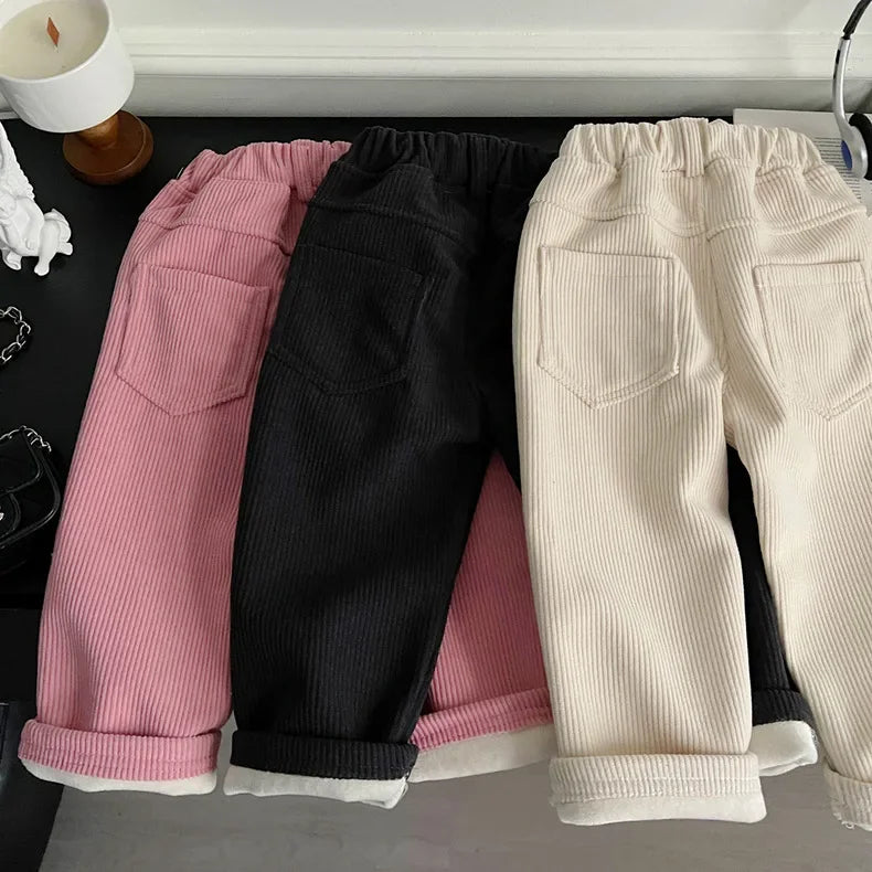 Kids Warm Pants Boy Girls Autumn Winter Corduroy Thick Outer Wear Sports Trousers 1-9Y Children Clothes Casual High Waist Pants