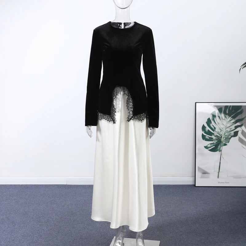 Elegant Lace Velvet Patchwork Women Top Flare Long Sleeve O-neck Split Female Blouse 2026 Spring Summer Lady Clothes New