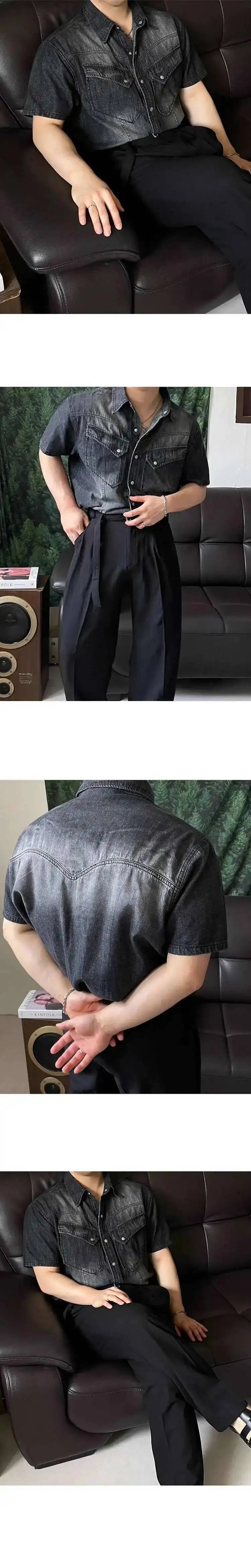 IEFB Niche Design Men's Denim Shirts Turn-down Collar Single Breasted Washing Solid Color Short Sleeved Loose Male Tops 9W2513
