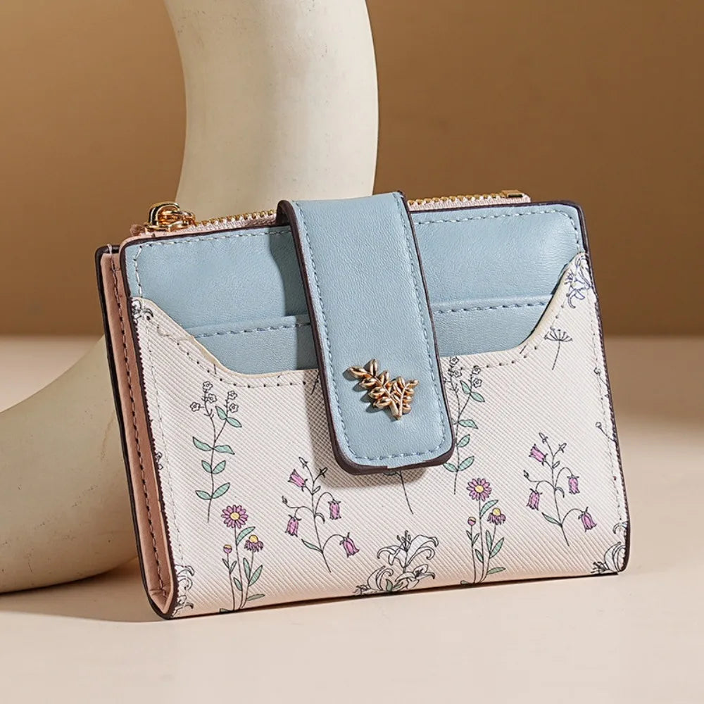 Fashion PU Leather Women Short Wallet Zipper Hasp Small Flowers Card Holder Slim Small Wallet Multi-Cards Coin Purse For Girl