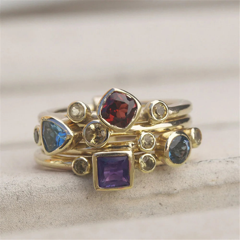 Luxury Female Rainbow Zircon Stone Ring Gold Color Elegant Gift Wedding Jewelry For Women