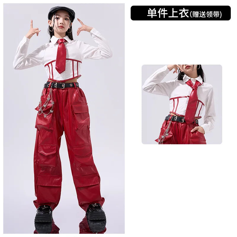 Girls Hip Hop Crop Top Pu Leather Cargo Pants Child School Uniform Costumes Kids Streetwear Jazz K-pop Street Dance Clothes Sets