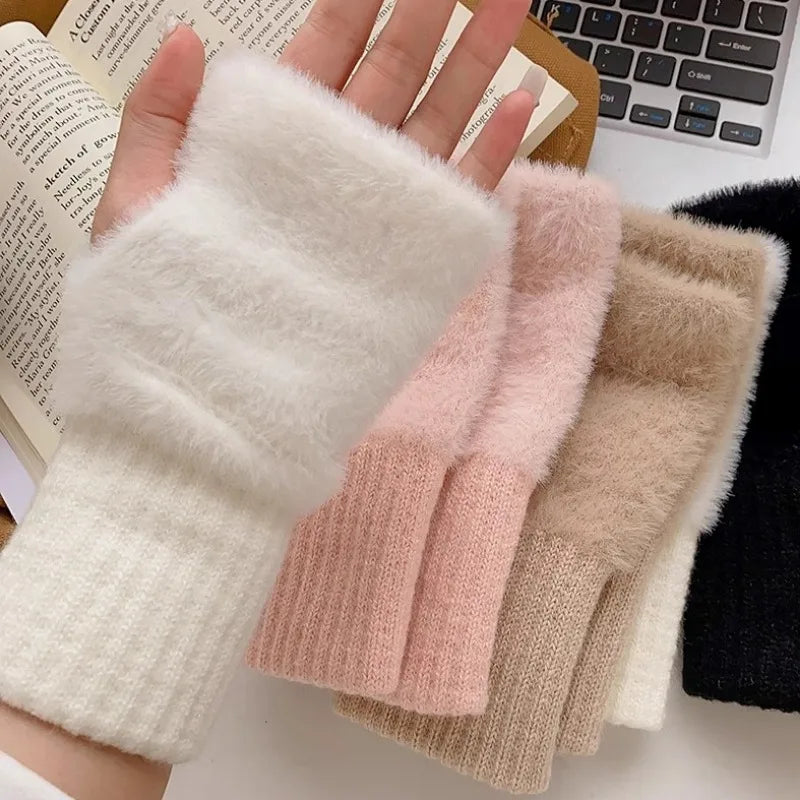 Thermal Fingerless Gloves Women Winter Freeze-proofing Breathable Plush Glove Outdoor Cycling Cold Proof Warm Half Finger Gloves