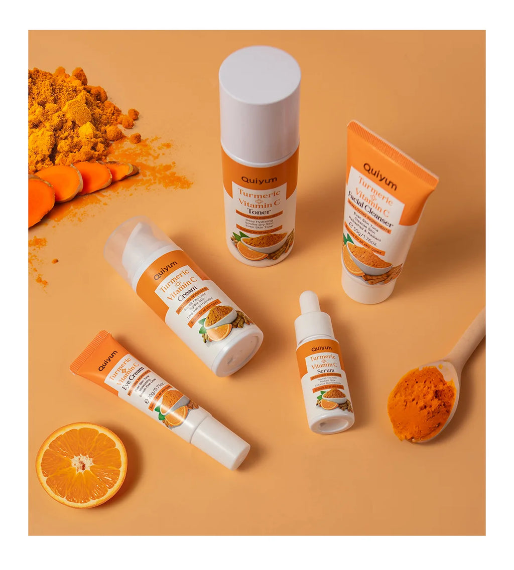 Vitamin C Kurkuma Gesichts-Set feuchtigkeitsspendend, straffend, 5-teiliges Set: Gesichtsreiniger, Toner, Essenz, Augenbehandlung, Feuchtigkeitspflege, Hautpflege
