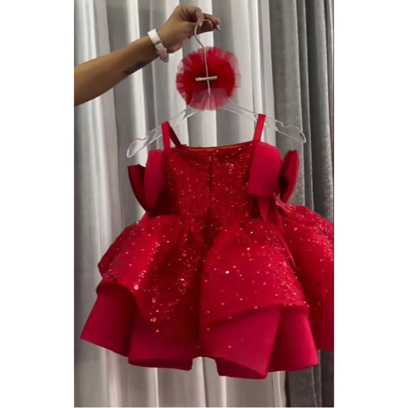 New Children Girls Red Sequin Party Dress Puffy Tulle Princess Gown for Kids Birthday Christmas Celebration Pageant Formal Wear