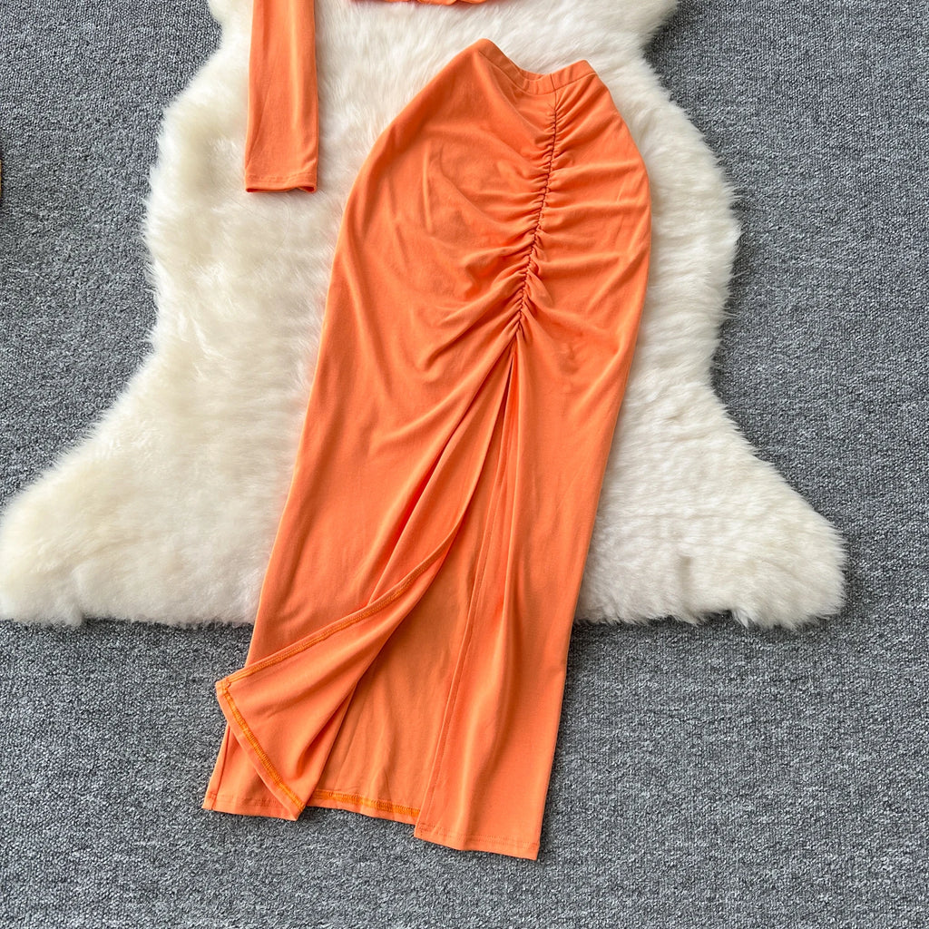 Chic Two-piece Sets One Shoulder Long Sleeve Diagonal Collar Blouse Basics High Waist Split Skirt High Street Vintage Clothing