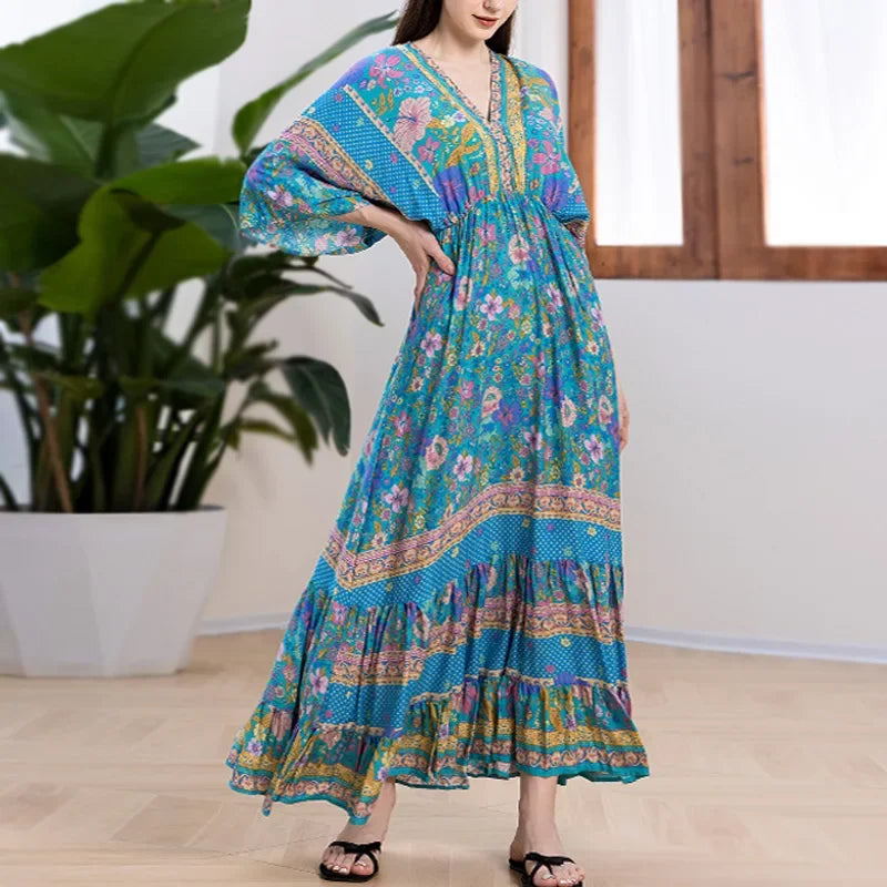 Bohemian Oversize Loose Elastic Waist Maxi Dresses Women Robe Cotton Rayon Floral Printed Long Dress Summer Boho Beach Cover up