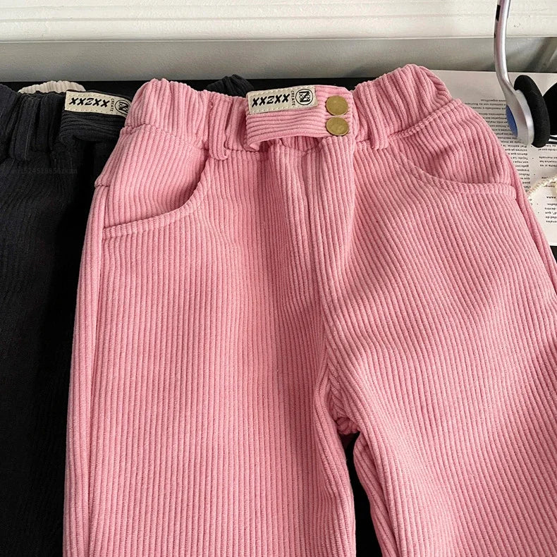 Kids Warm Pants Boy Girls Autumn Winter Corduroy Thick Outer Wear Sports Trousers 1-9Y Children Clothes Casual High Waist Pants